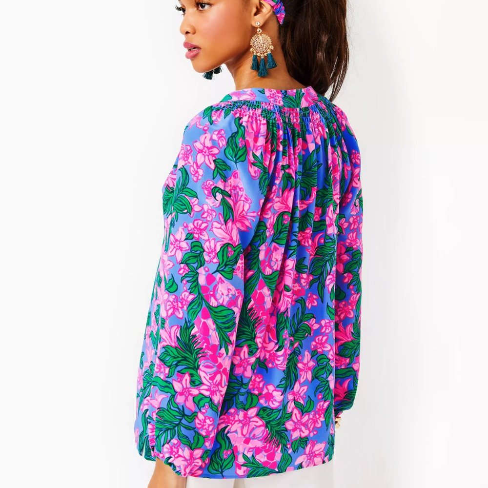 Lilly Pulitzer Elsa Silk Top, Cerise Pink Safari Sunset, Size L - Picture 3 of 8